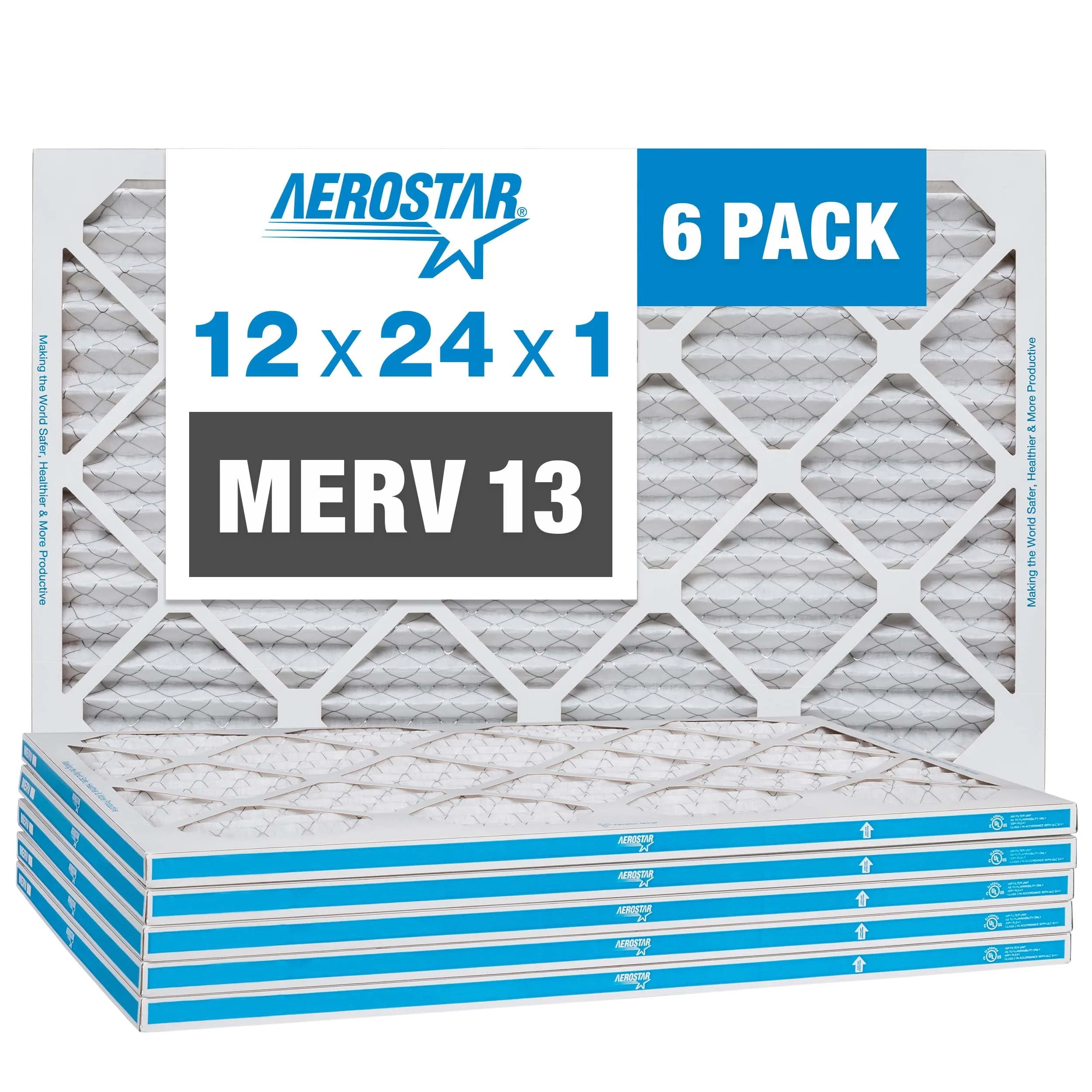 12x24x1 AC and Furnace Air Filter by Aerostar - MERV 13, Box of 6