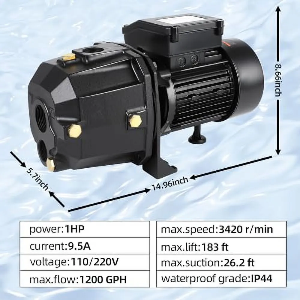 1HP Shallow Well Jet Pump, Well Depth Up 40ft Cast Iron Irrigation Pump 1200GPH