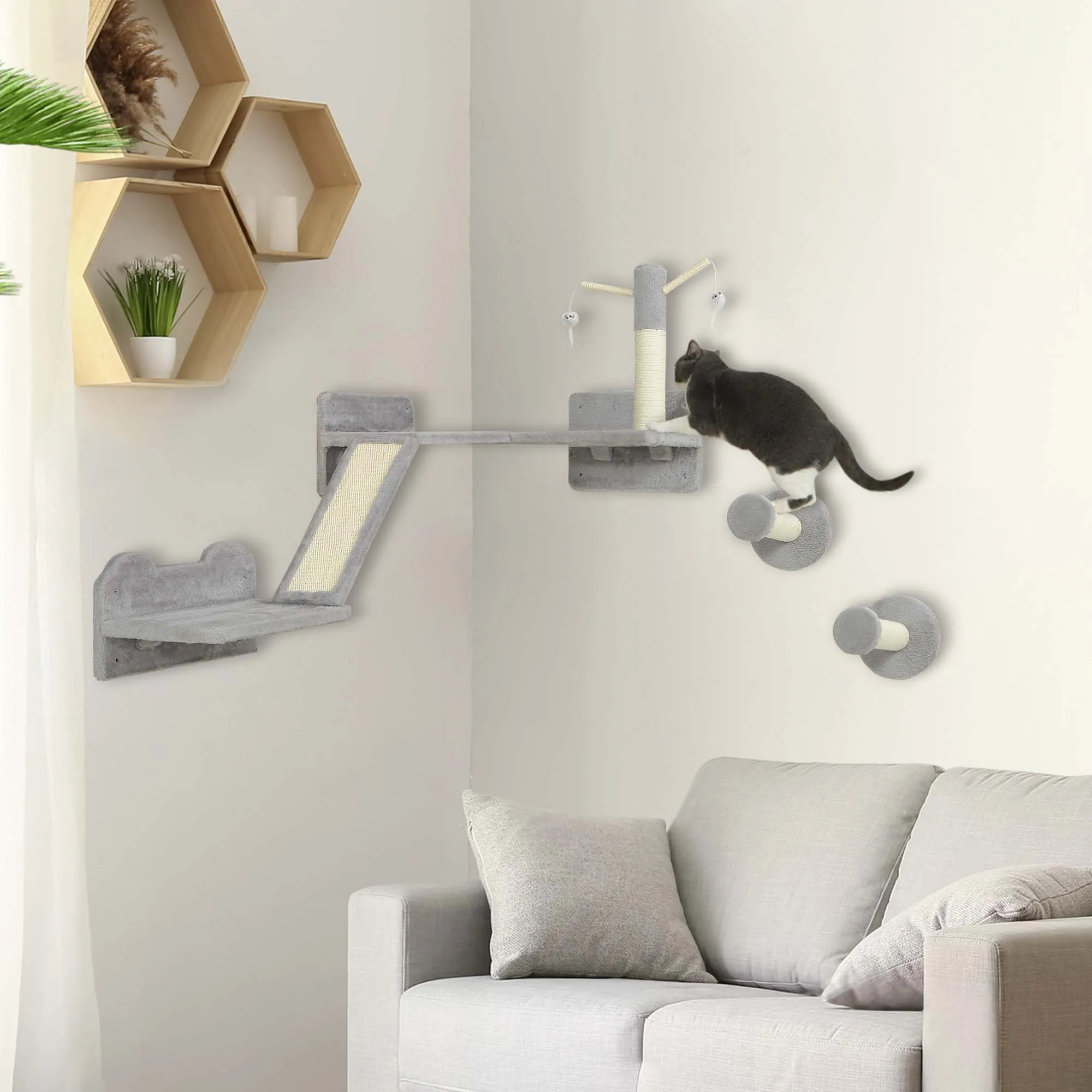 3PCs Corner Design Cat Wall Shelves Furniture, Light Grey