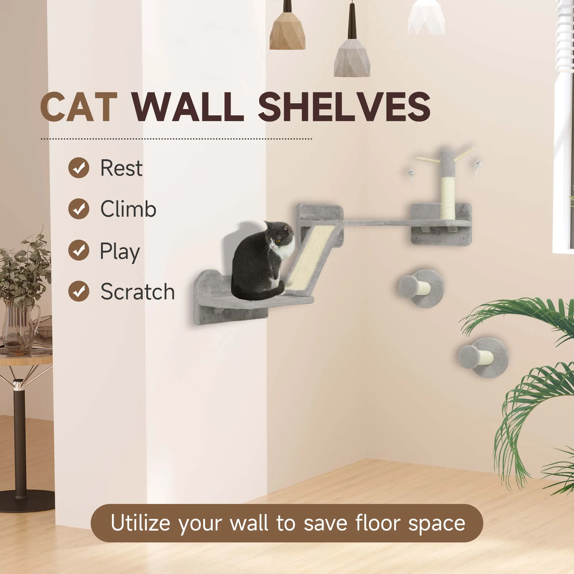 3PCs Corner Design Cat Wall Shelves Furniture, Light Grey