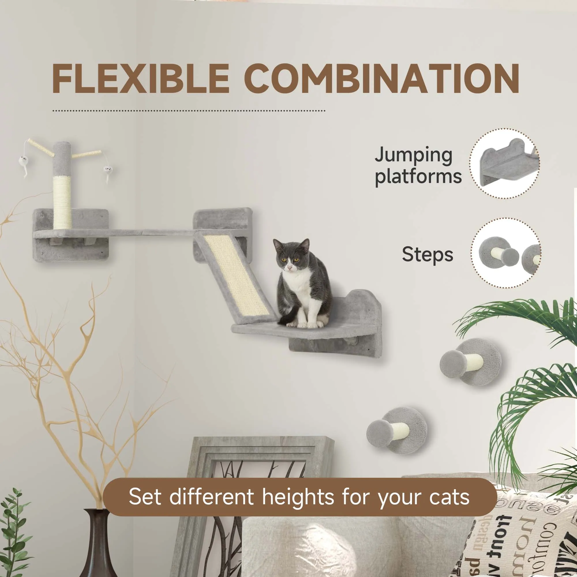 3PCs Corner Design Cat Wall Shelves Furniture, Light Grey