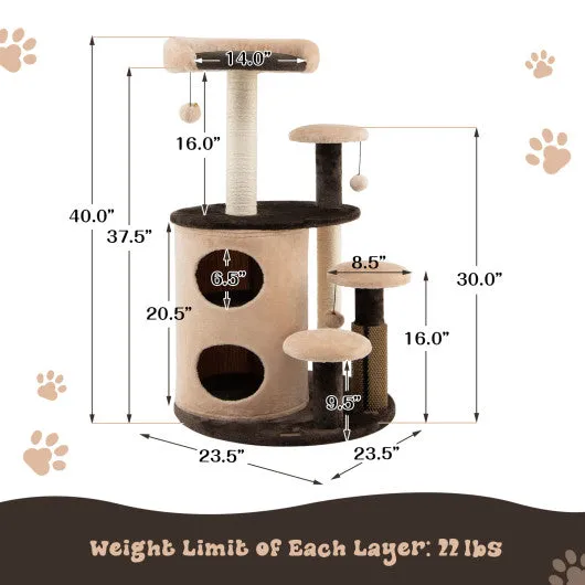 40 Inch Cat Tree Tower Multi-Level Activity Tree with 2-Tier Cat-Hole Condo-Brown