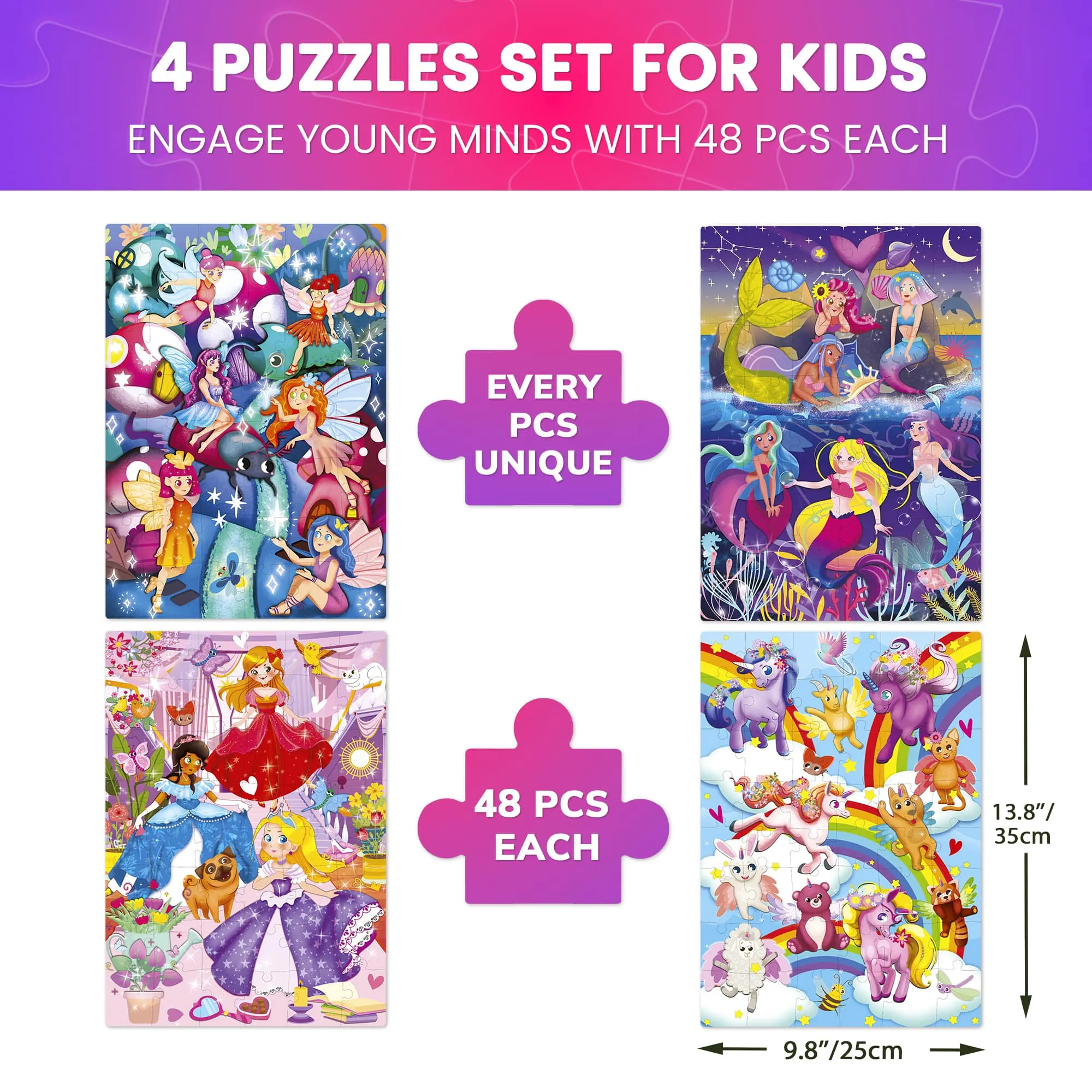 4x48 Puzzles  for Kids | Mermaid, Princesses, Unicorns