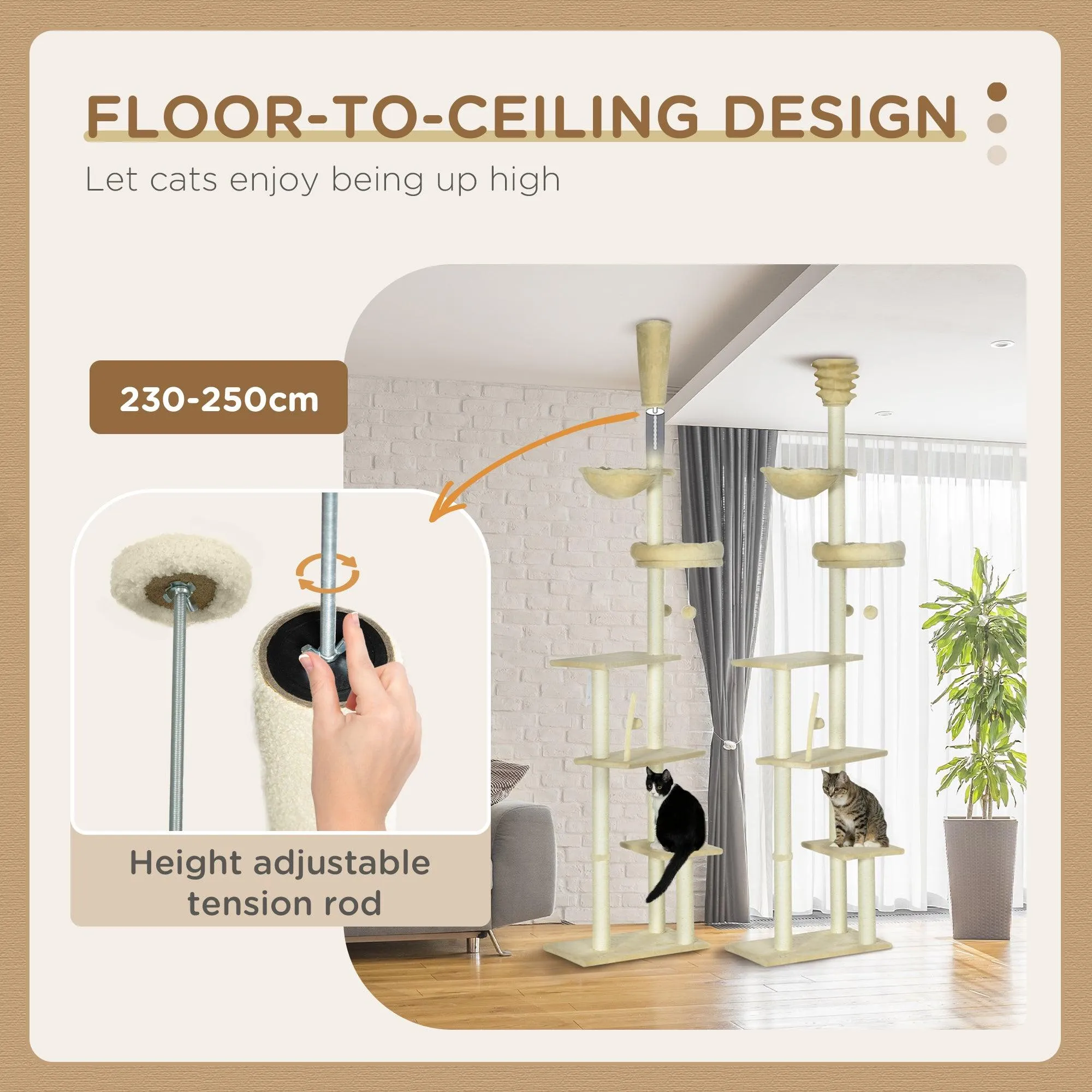 6-Tier Floor-to-Ceiling Adjustable Cat Tree, 230-250cm - Beige