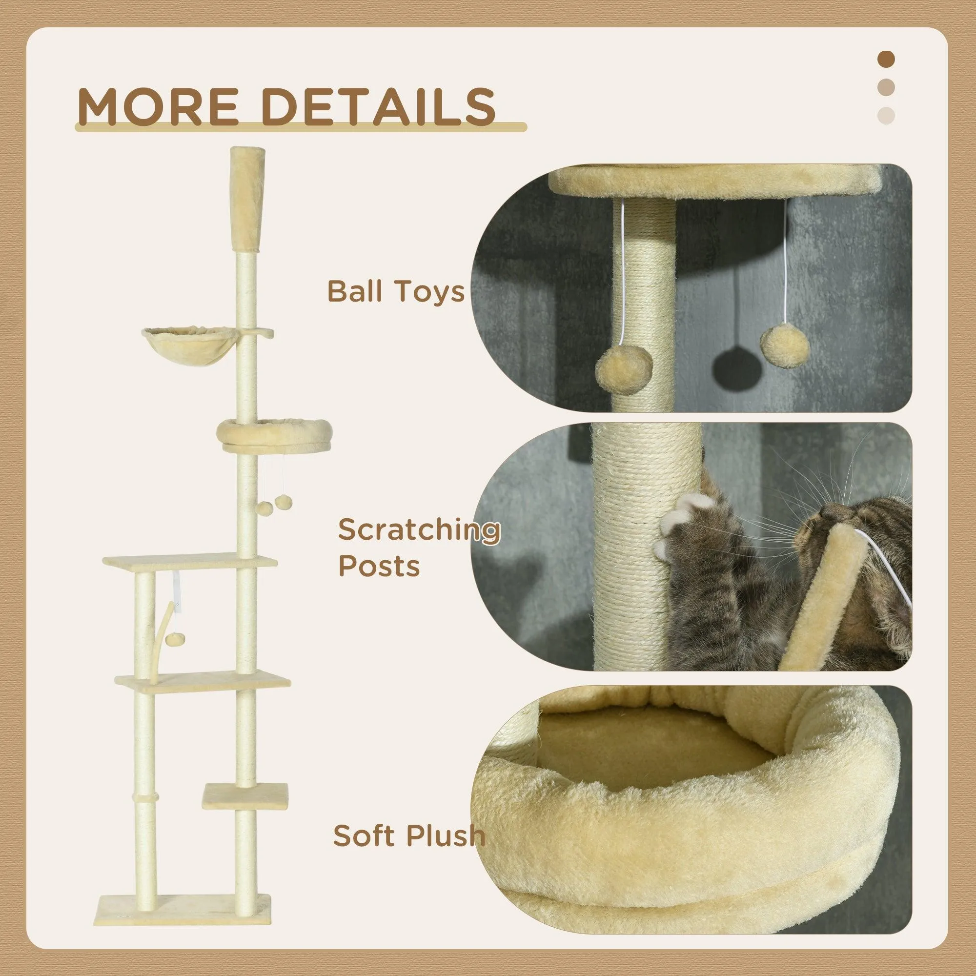 6-Tier Floor-to-Ceiling Adjustable Cat Tree, 230-250cm - Beige