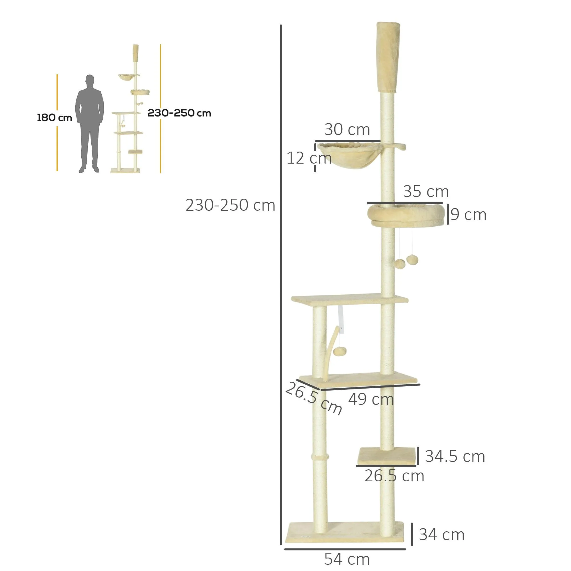 6-Tier Floor-to-Ceiling Adjustable Cat Tree, 230-250cm - Beige