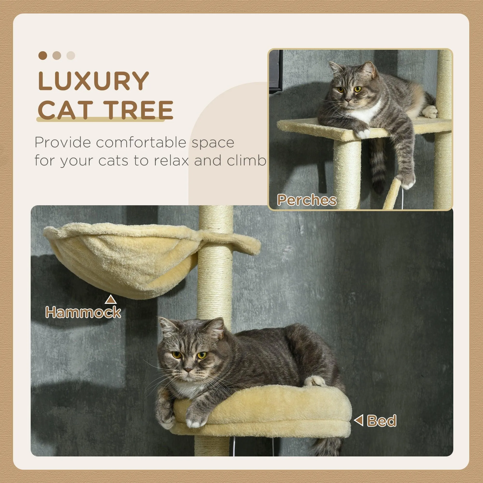 6-Tier Floor-to-Ceiling Adjustable Cat Tree, 230-250cm - Beige