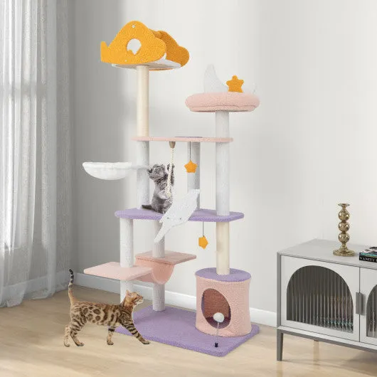 66" Cute Cat Tree Cats Multi-level Tall Cat Tower w/ Sisal Covered Scratching Posts-Purple