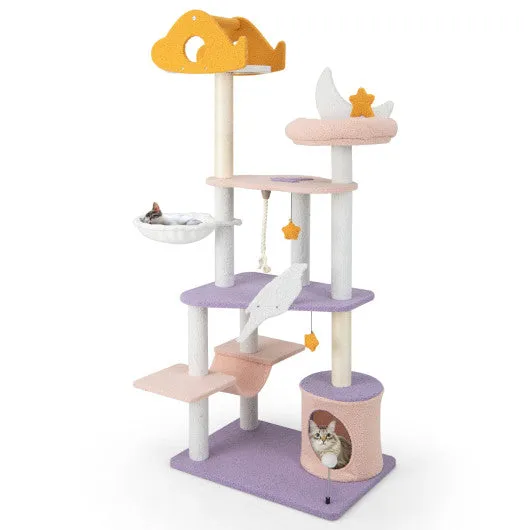 66" Cute Cat Tree Cats Multi-level Tall Cat Tower w/ Sisal Covered Scratching Posts-Purple