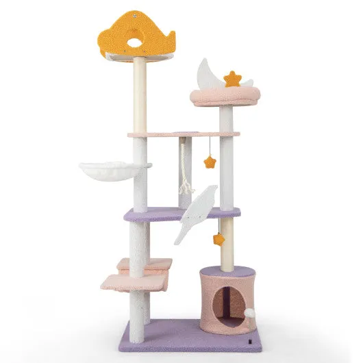 66" Cute Cat Tree Cats Multi-level Tall Cat Tower w/ Sisal Covered Scratching Posts-Purple