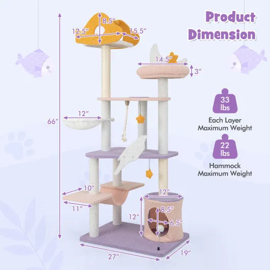 66" Cute Cat Tree Cats Multi-level Tall Cat Tower w/ Sisal Covered Scratching Posts-Purple