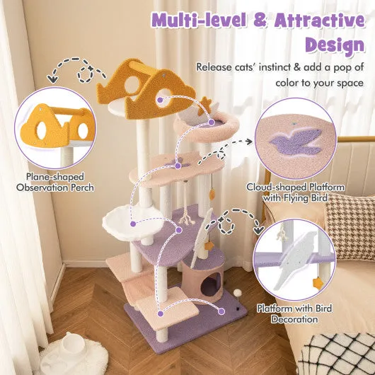 66" Cute Cat Tree Cats Multi-level Tall Cat Tower w/ Sisal Covered Scratching Posts-Purple