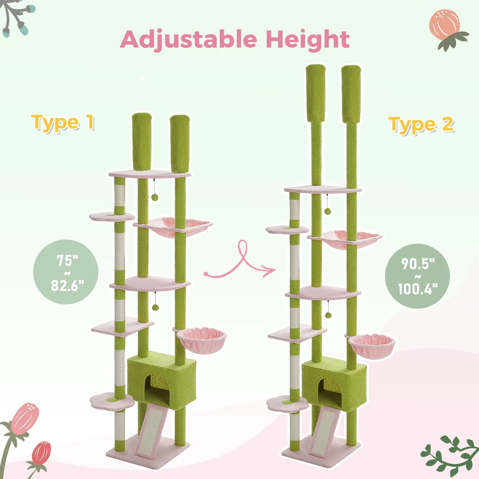 Adjustable Floor-to-Ceiling Cactus Cat Tree - Tall Activity Tower with Condo & Hammocks