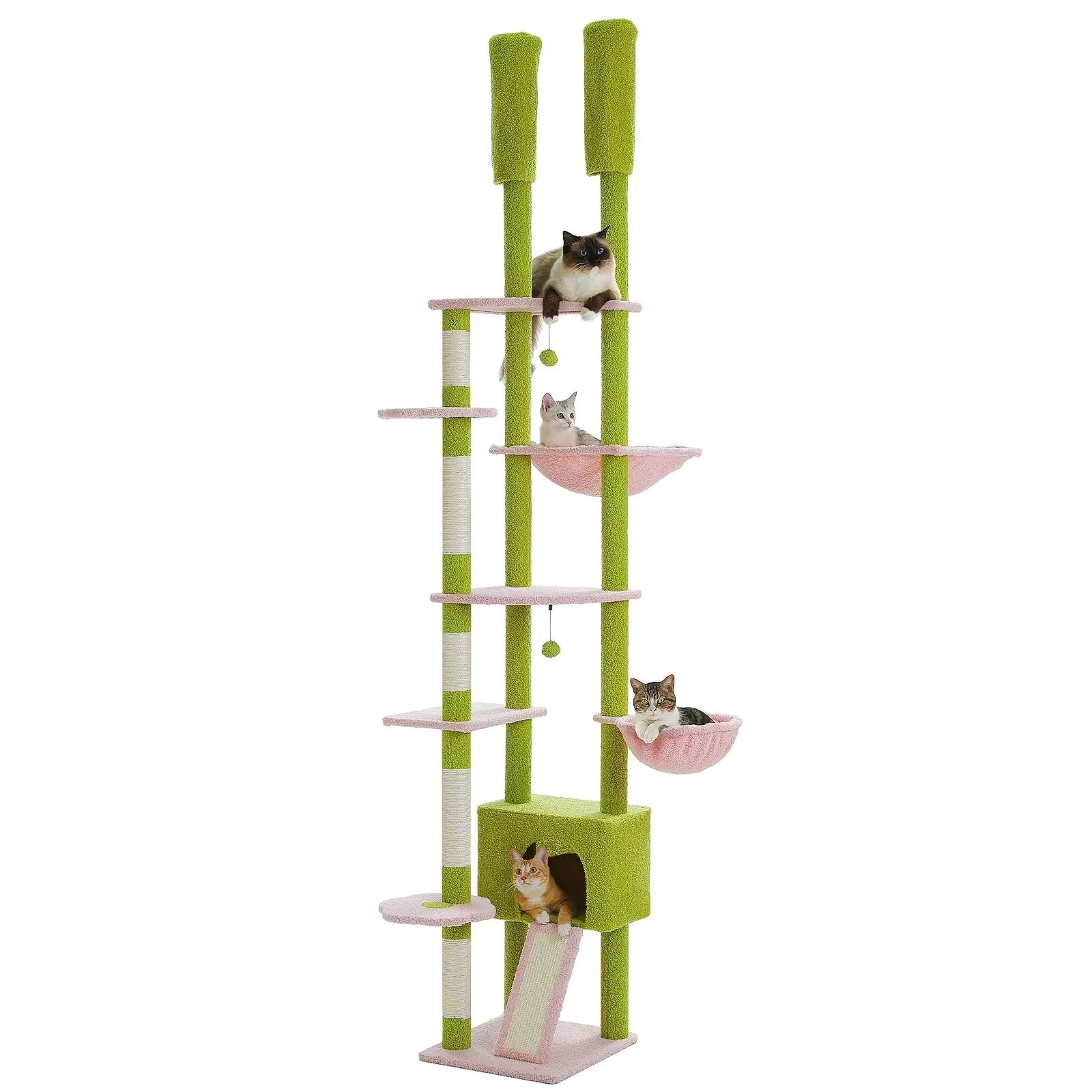 Adjustable Floor-to-Ceiling Cactus Cat Tree - Tall Activity Tower with Condo & Hammocks