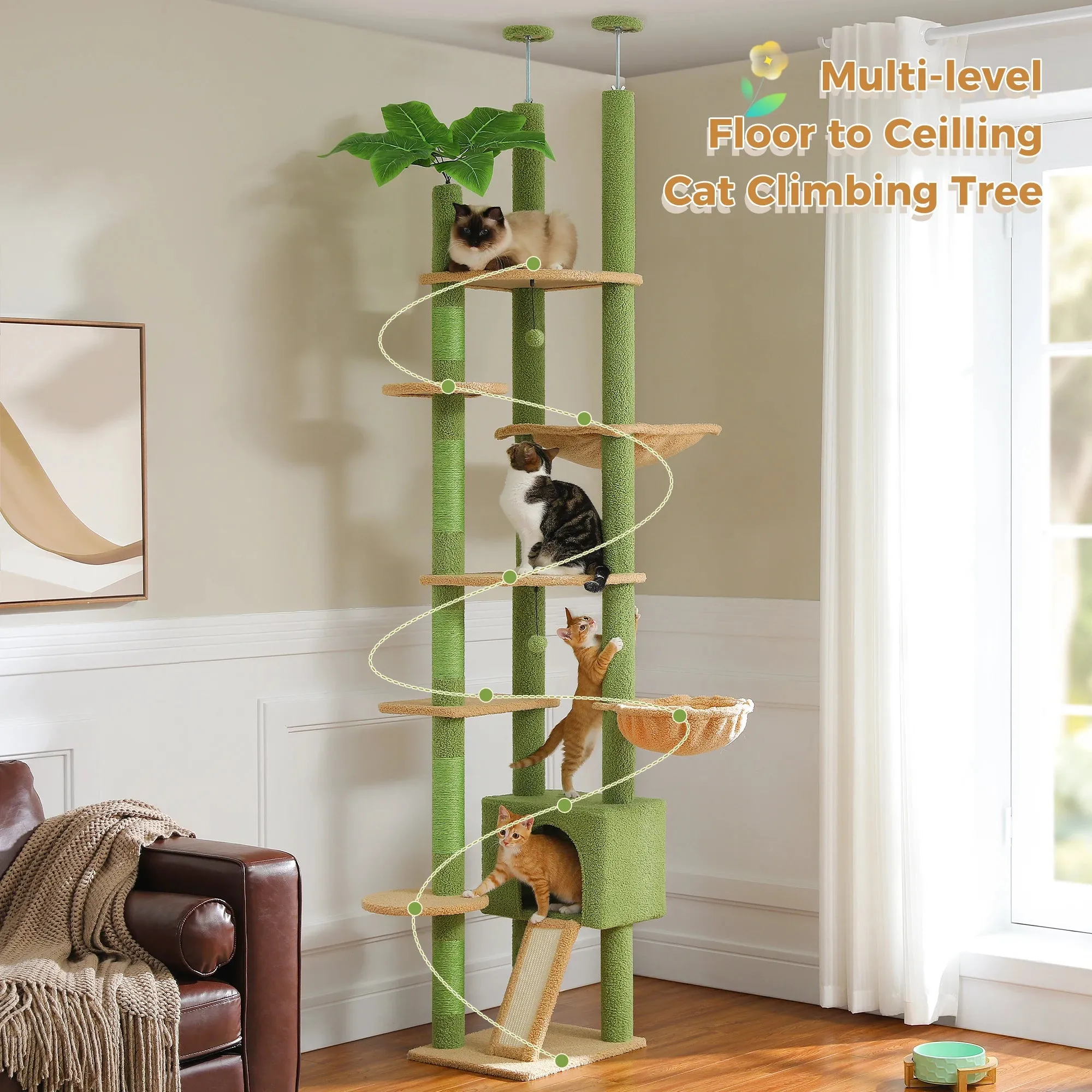 Adjustable Floor-to-Ceiling Cactus Cat Tree - Tall Activity Tower with Condo & Hammocks