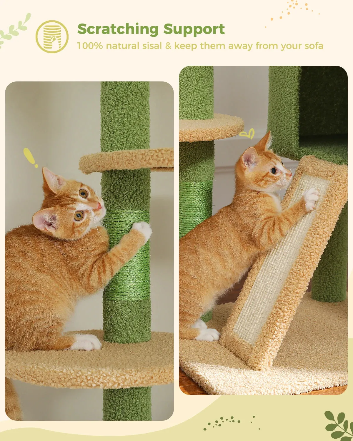 Adjustable Floor-to-Ceiling Cactus Cat Tree - Tall Activity Tower with Condo & Hammocks