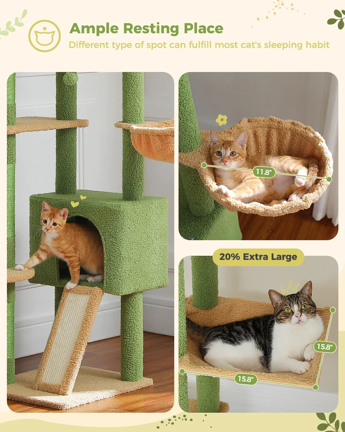 Adjustable Floor-to-Ceiling Cactus Cat Tree - Tall Activity Tower with Condo & Hammocks