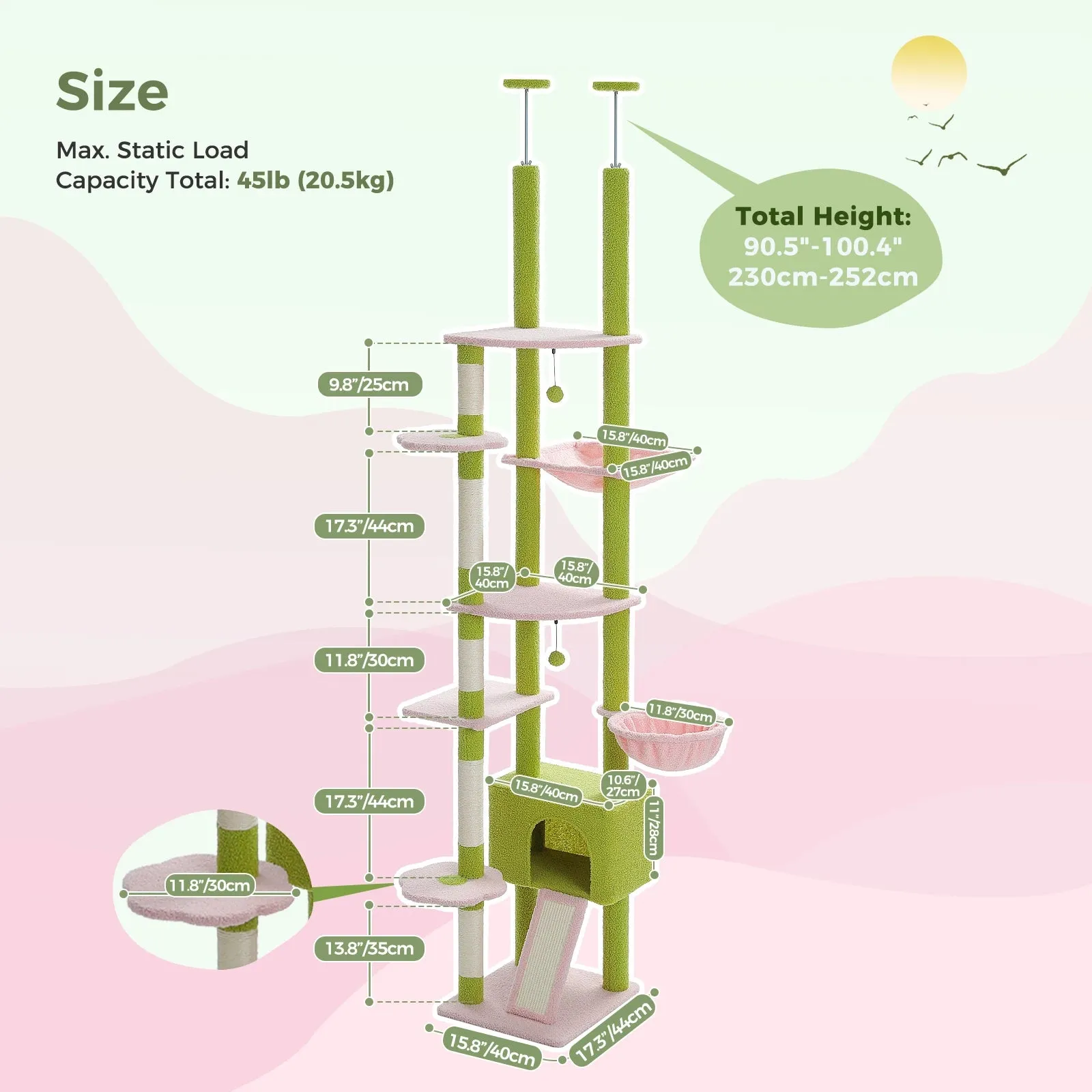 Adjustable Floor-to-Ceiling Cactus Cat Tree - Tall Activity Tower with Condo & Hammocks