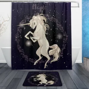 Beautiful Magic Unicorn Waterproof Polyester Fabric Shower Curtain with Hooks Doormat Bath Floor Mat Bathroom Home Decor