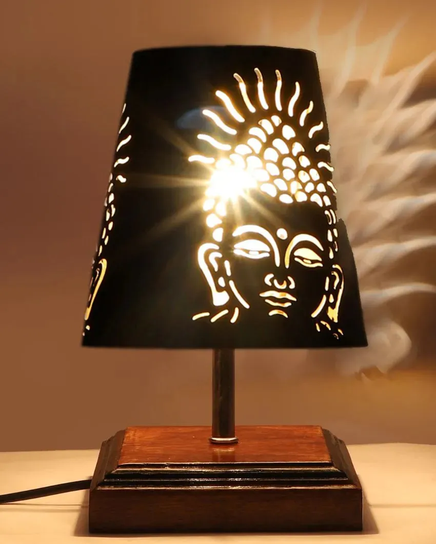 Buddha Ji Metal Etching Table Lamp With Brown Wood Square Shaded Base | 6 x 8 inches