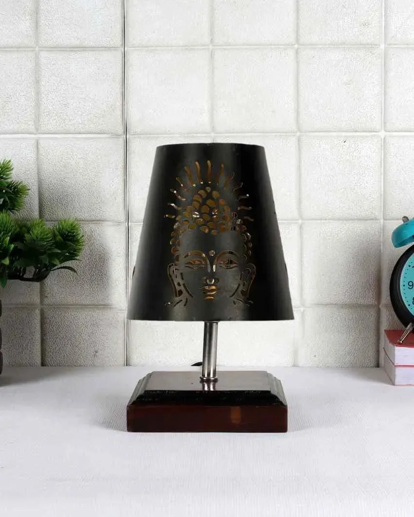 Buddha Ji Metal Etching Table Lamp With Brown Wood Square Shaded Base | 6 x 8 inches