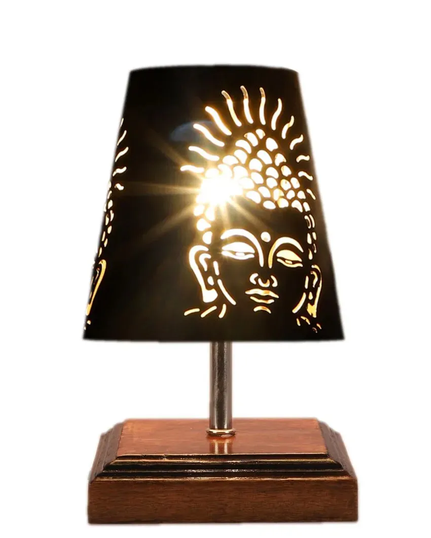 Buddha Ji Metal Etching Table Lamp With Brown Wood Square Shaded Base | 6 x 8 inches