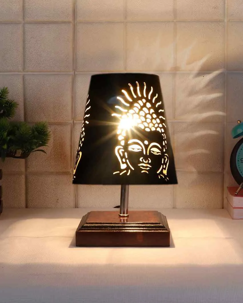 Buddha Ji Metal Etching Table Lamp With Brown Wood Square Shaded Base | 6 x 8 inches