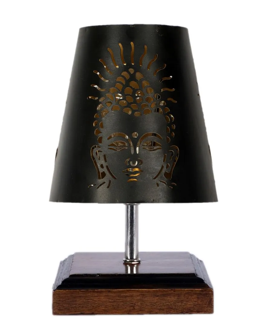 Buddha Ji Metal Etching Table Lamp With Brown Wood Square Shaded Base | 6 x 8 inches