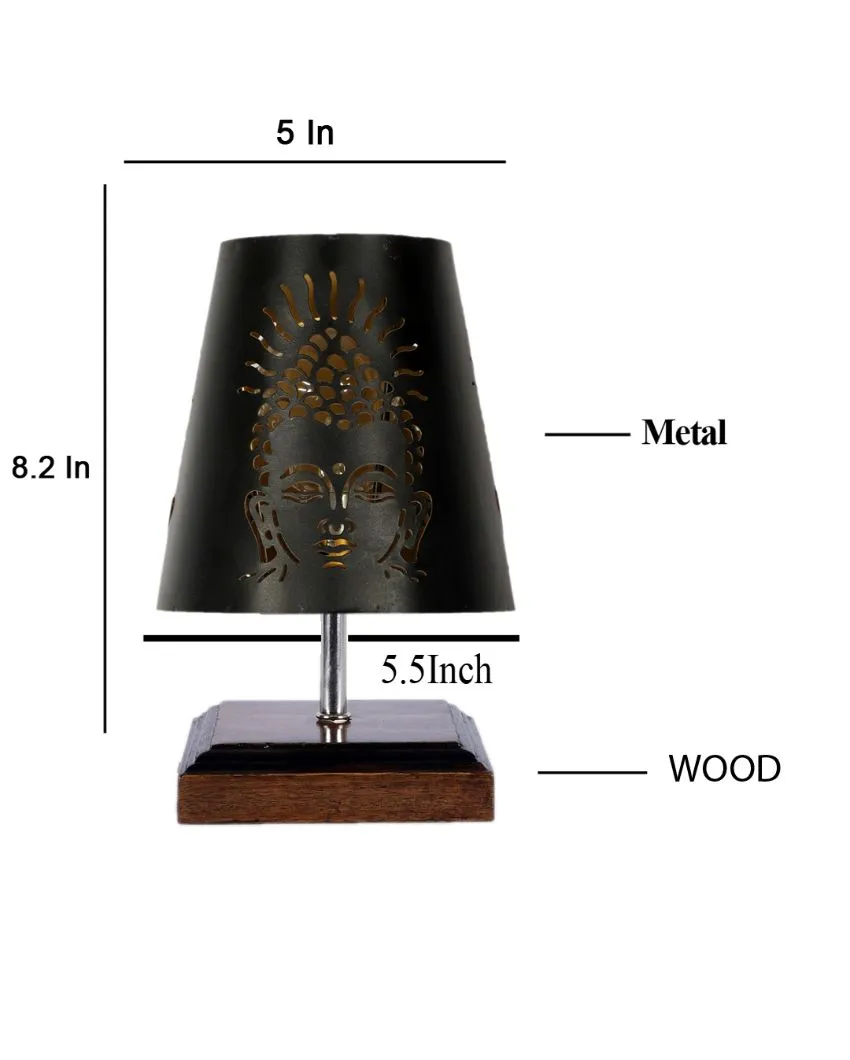 Buddha Ji Metal Etching Table Lamp With Brown Wood Square Shaded Base | 6 x 8 inches