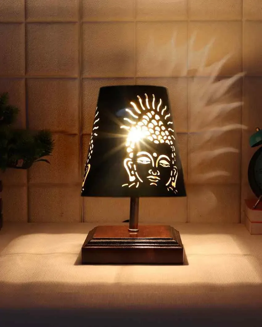 Buddha Ji Metal Etching Table Lamp With Brown Wood Square Shaded Base | 6 x 8 inches