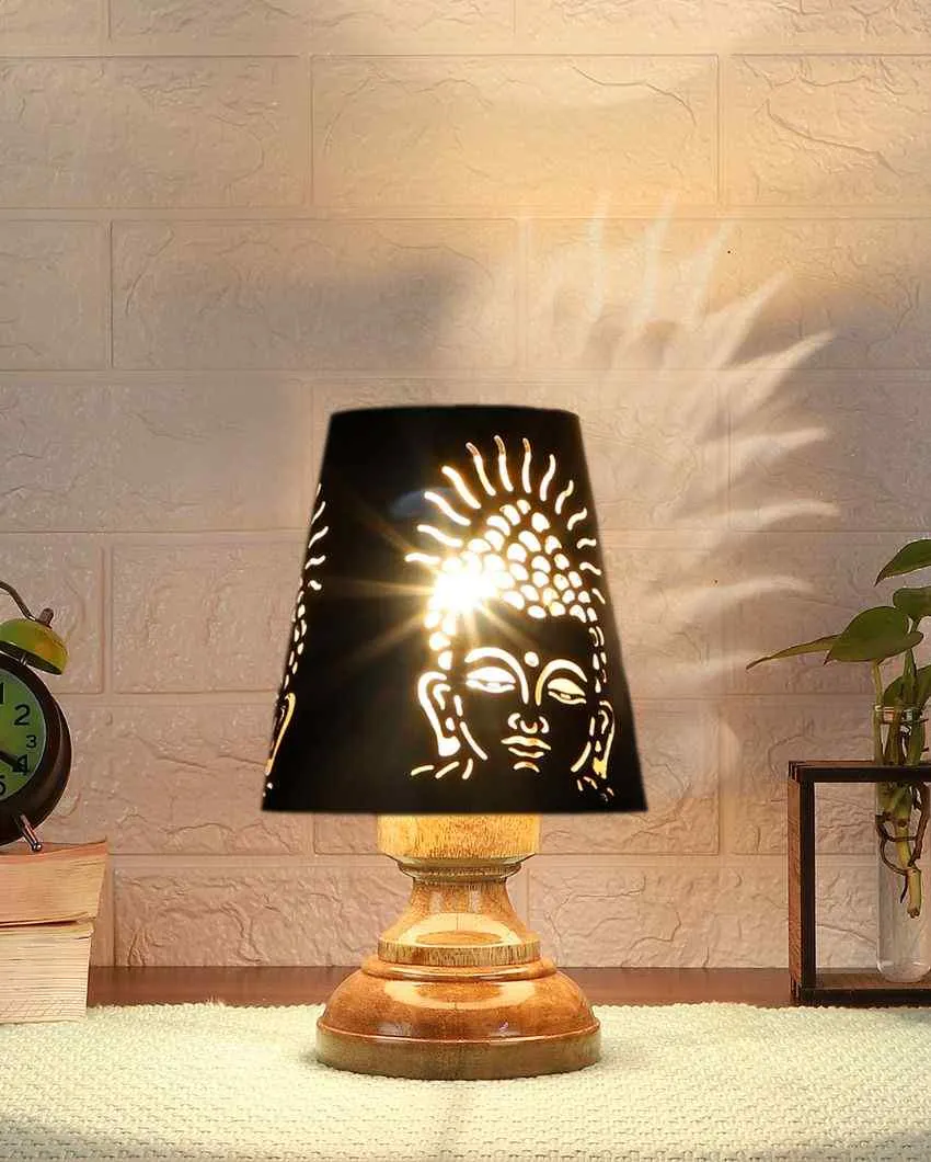 Buddha Ji Metal Etching Table Lamp With Natural Wood High Round Base | 6 x 8 inches