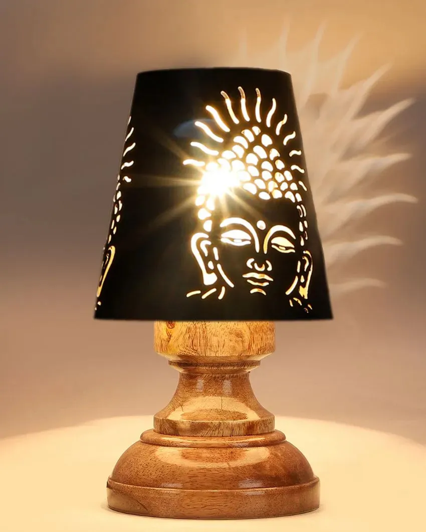 Buddha Ji Metal Etching Table Lamp With Natural Wood High Round Base | 6 x 8 inches