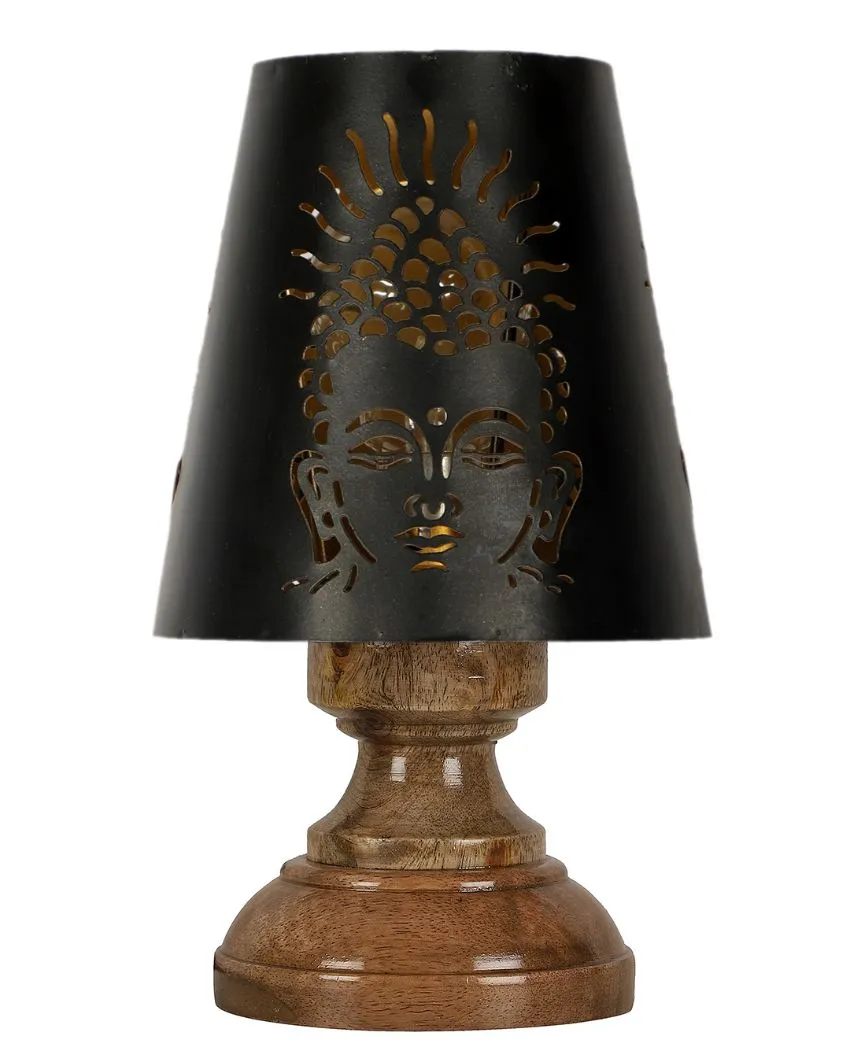 Buddha Ji Metal Etching Table Lamp With Natural Wood High Round Base | 6 x 8 inches