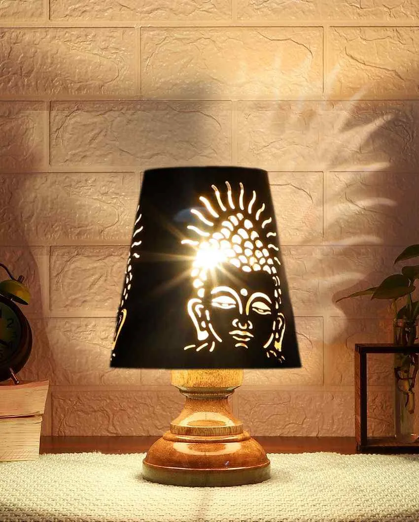 Buddha Ji Metal Etching Table Lamp With Natural Wood High Round Base | 6 x 8 inches