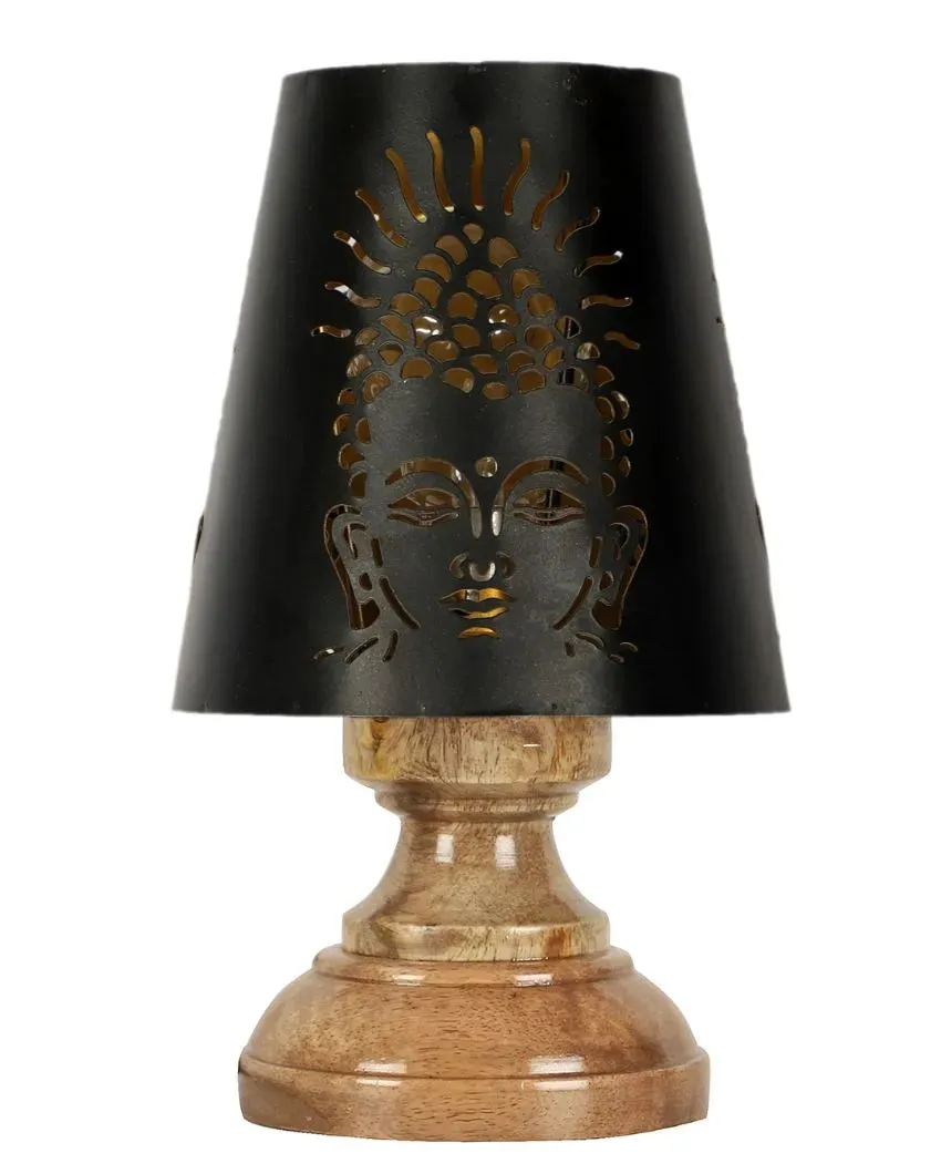 Buddha Ji Metal Etching Table Lamp With Natural Wood High Round Base | 6 x 8 inches