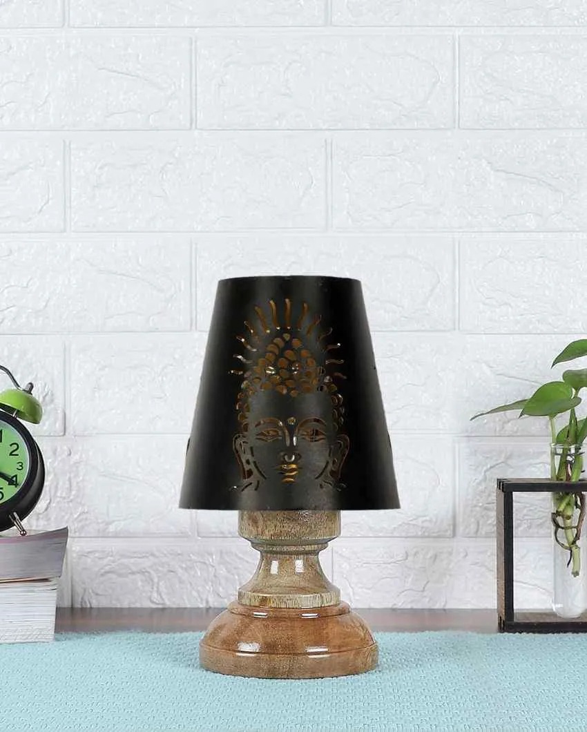 Buddha Ji Metal Etching Table Lamp With Natural Wood High Round Base | 6 x 8 inches