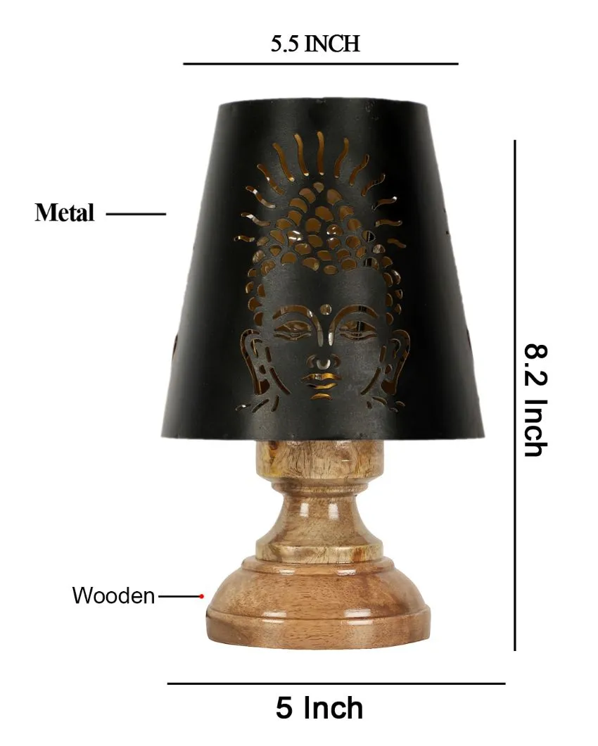 Buddha Ji Metal Etching Table Lamp With Natural Wood High Round Base | 6 x 8 inches