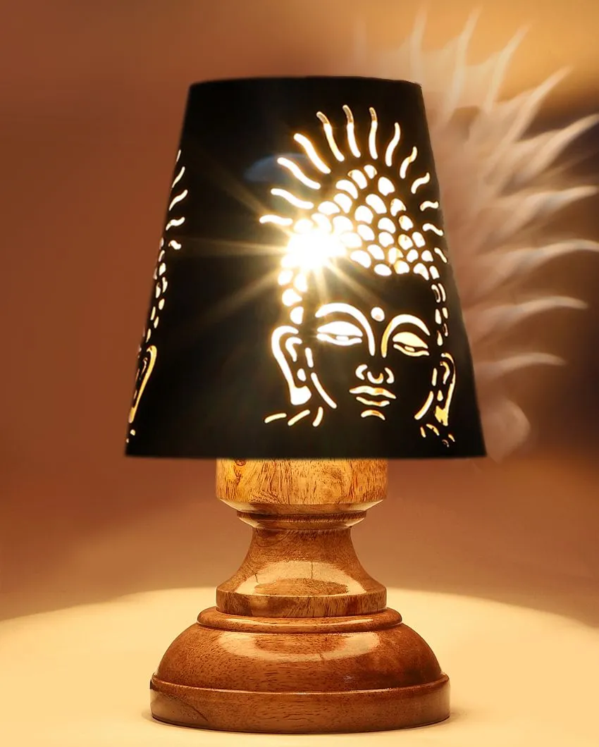 Buddha Ji Metal Etching Table Lamp With Natural Wood High Round Base | 6 x 8 inches