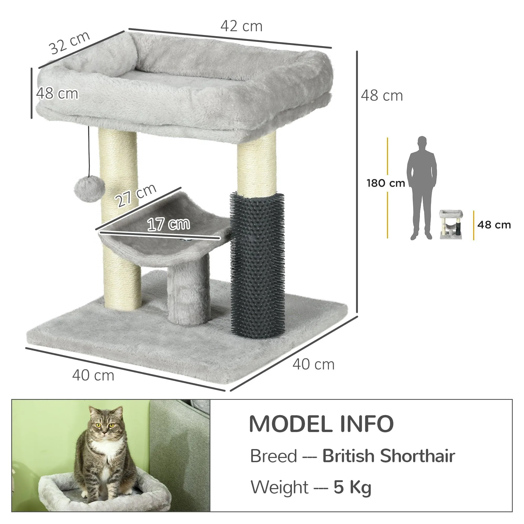 Cat Tree Tower with Self Groomer, Scratching Post, 48cm - Grey