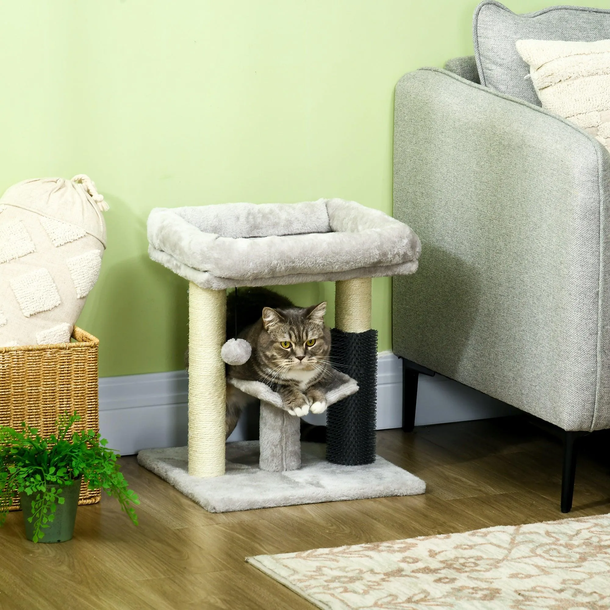 Cat Tree Tower with Self Groomer, Scratching Post, 48cm - Grey