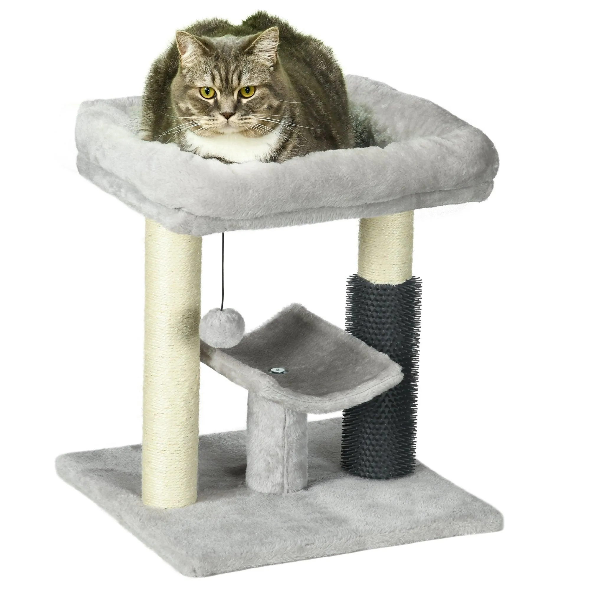 Cat Tree Tower with Self Groomer, Scratching Post, 48cm - Grey