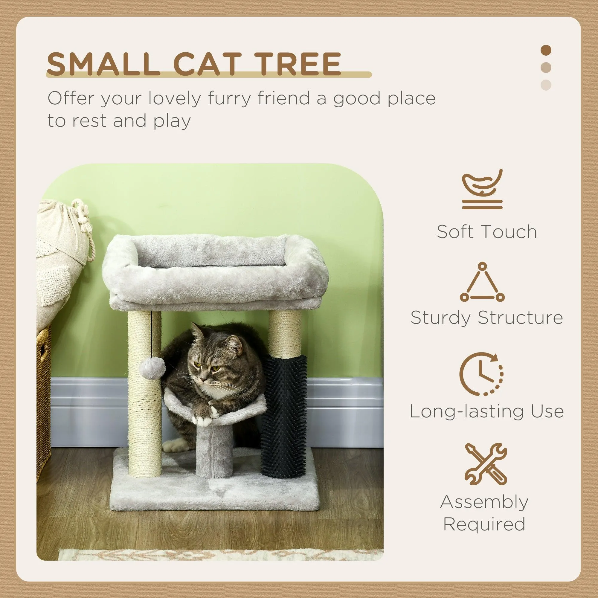 Cat Tree Tower with Self Groomer, Scratching Post, 48cm - Grey