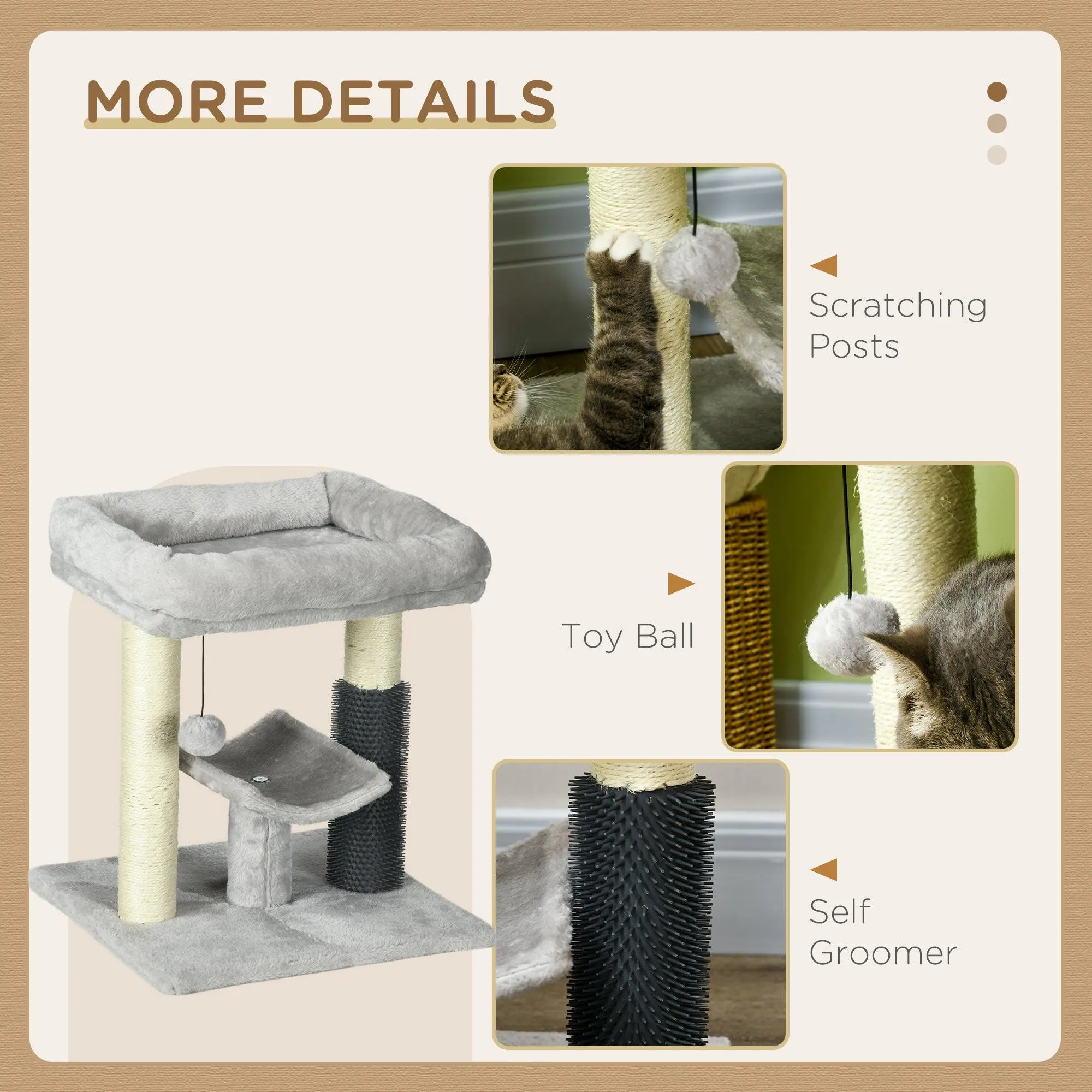 Cat Tree Tower with Self Groomer, Scratching Post, 48cm - Grey