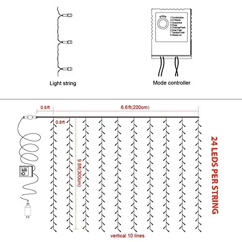 CITRA 240 LED 9.8Feet Curtain Lights Icicle Lights Fairy String Lights with 8 Modes for Wedding Party Family Patio Lawn Decoration - Cool White