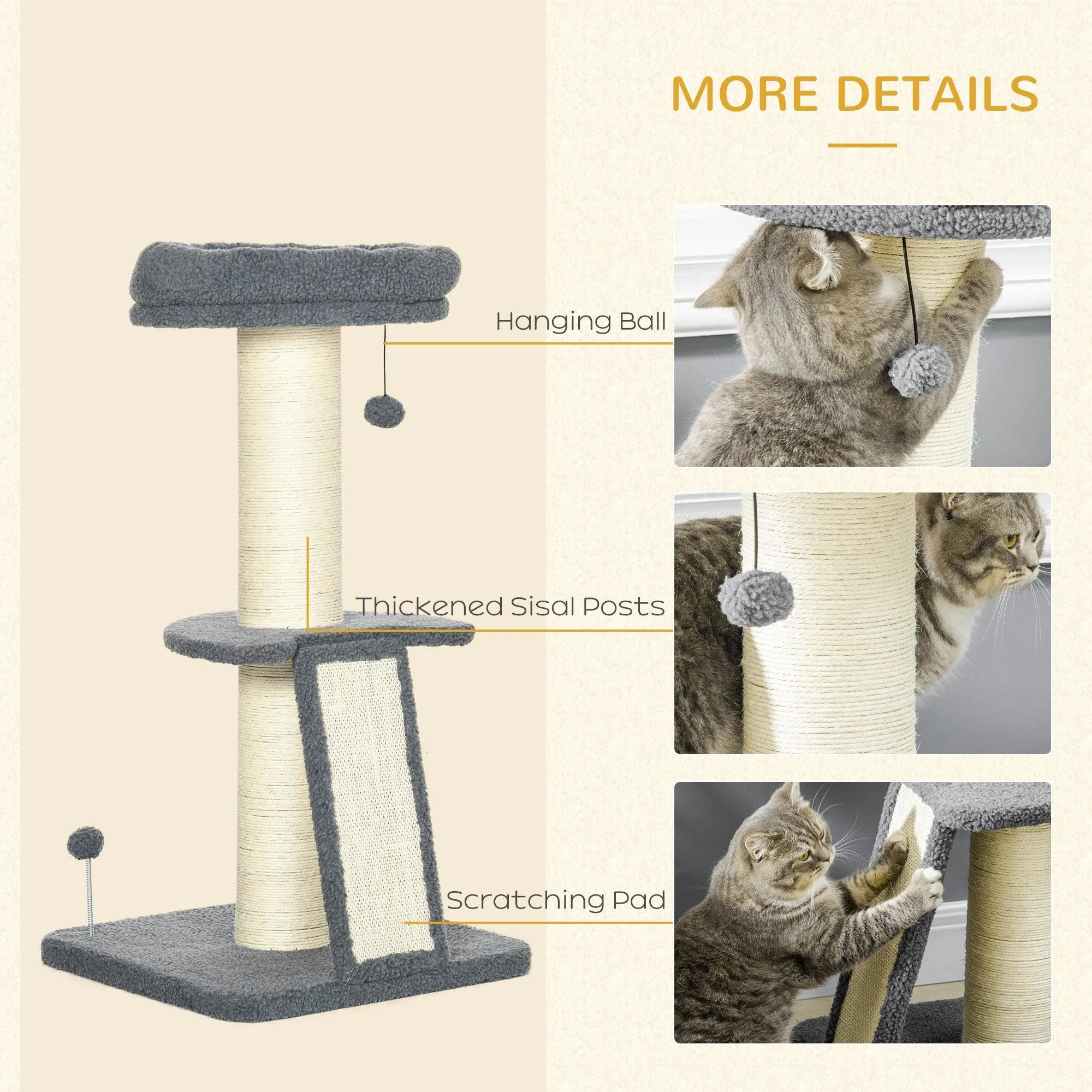 Contemporary Cat Tree & Bed, 127 cm - Grey & Beige