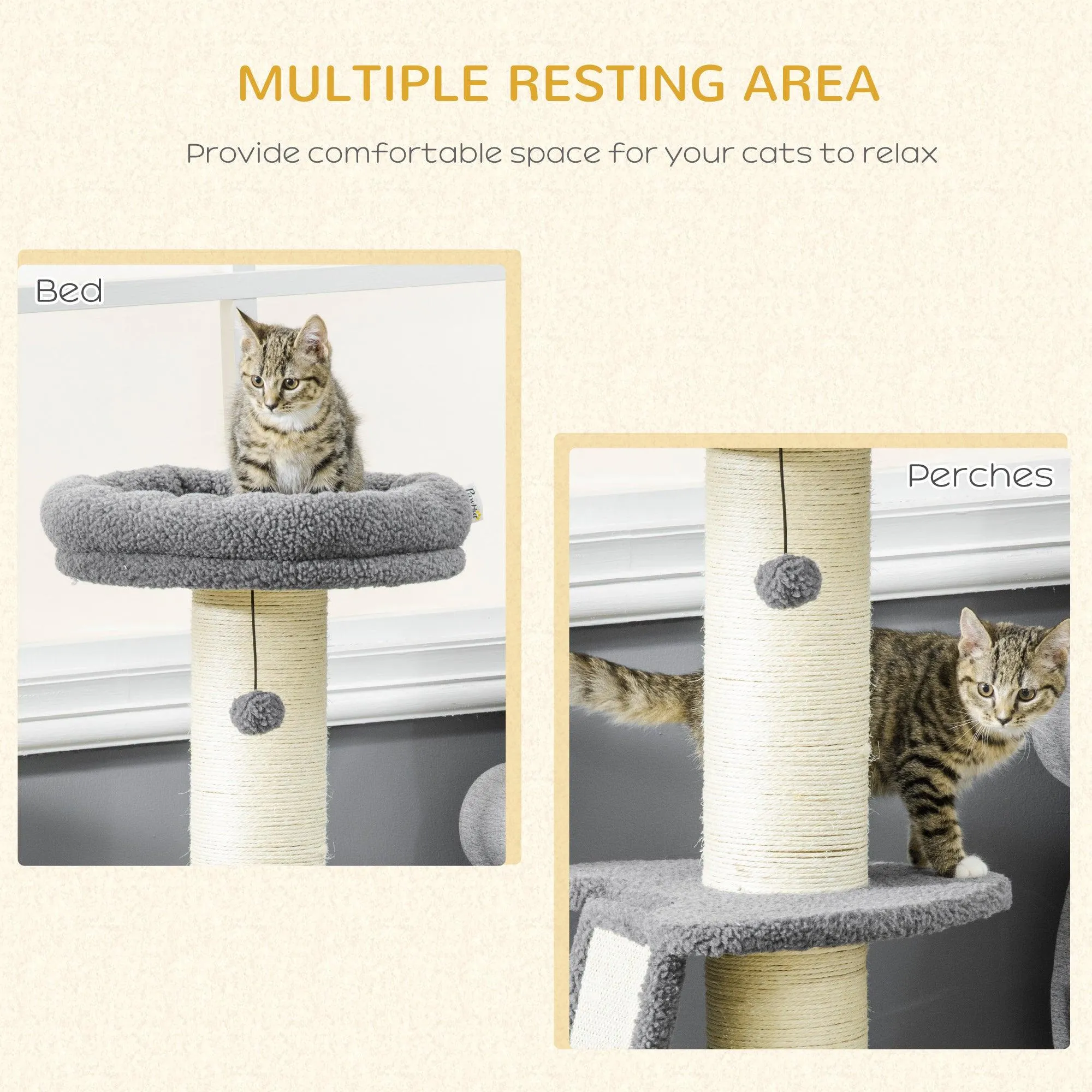 Contemporary Cat Tree & Bed, 127 cm - Grey & Beige