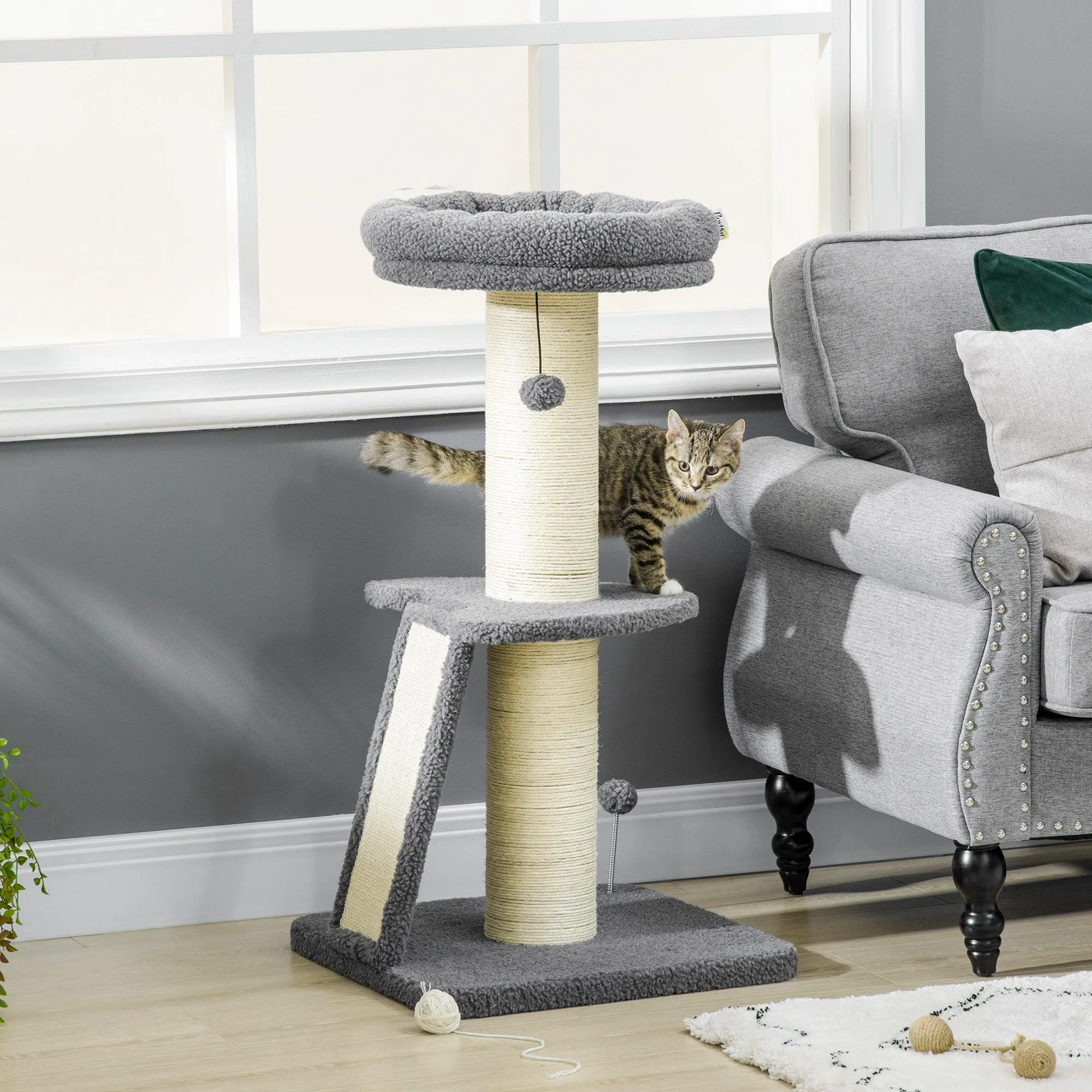 Contemporary Cat Tree & Bed, 127 cm - Grey & Beige