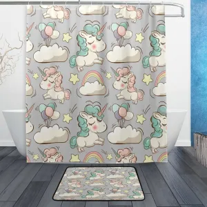 Cute Unicorn Cloud and Balloon Waterproof Polyester Fabric Shower Curtain with Hooks Doormat Bath Floor Mat Bathroom Home Decor