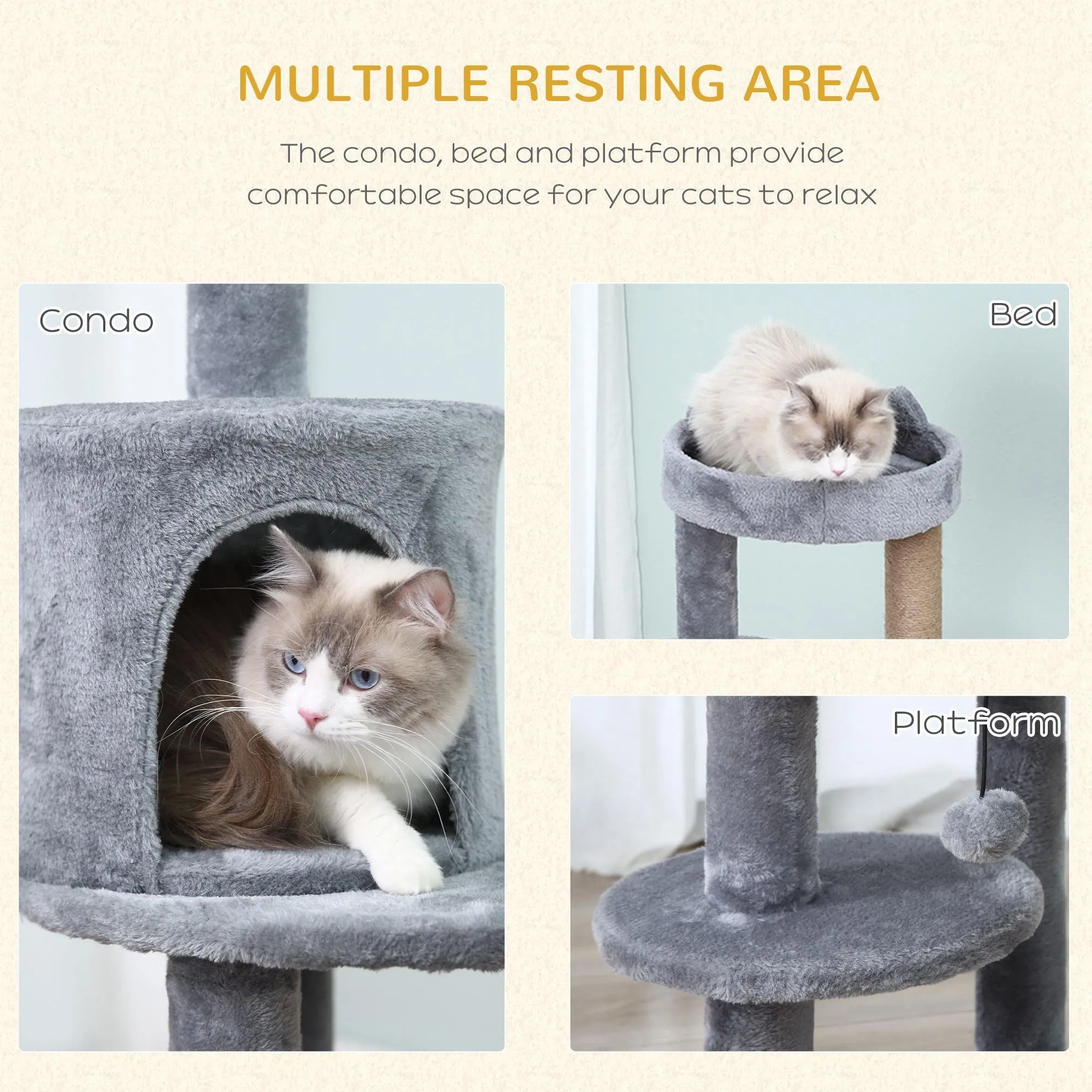 Deluxe 3-Tier Cat Condo Tower, 104cm - Grey