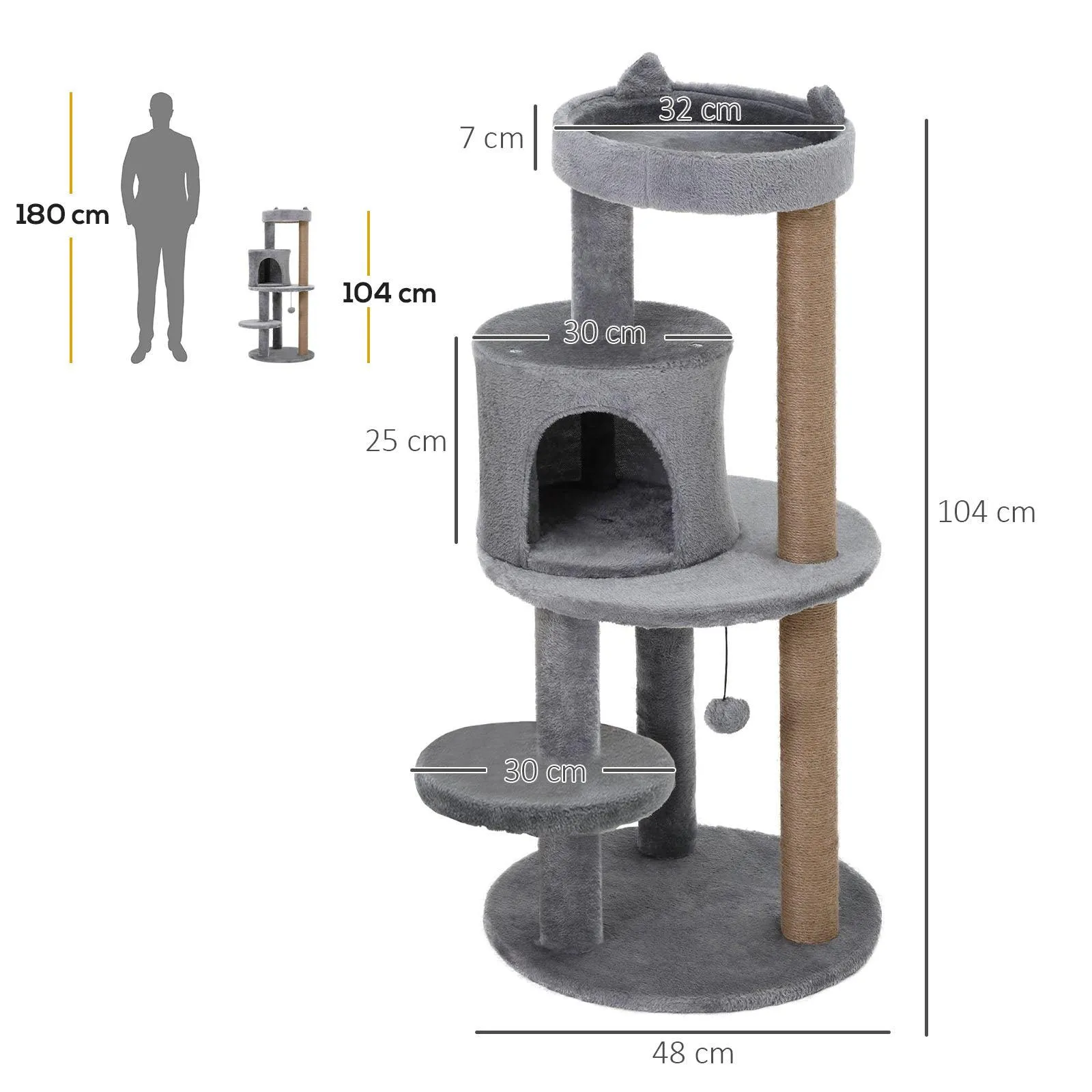 Deluxe 3-Tier Cat Condo Tower, 104cm - Grey